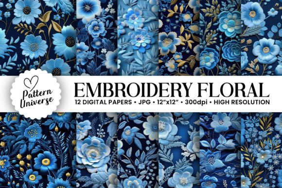 Blue Embroidery Flowers Digital Papers