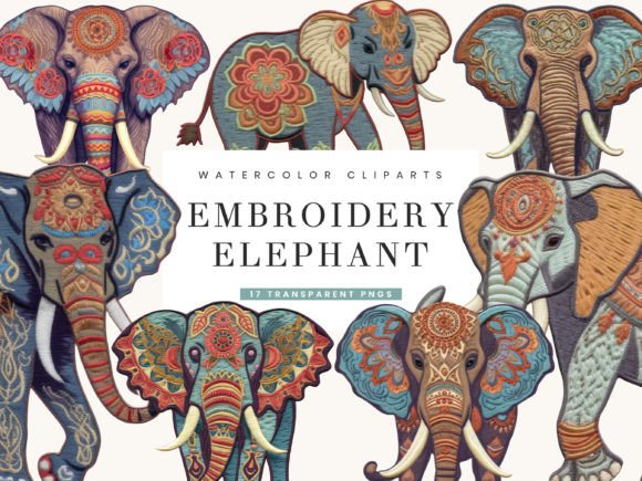 Embroidery Elephant Clipart Bundle