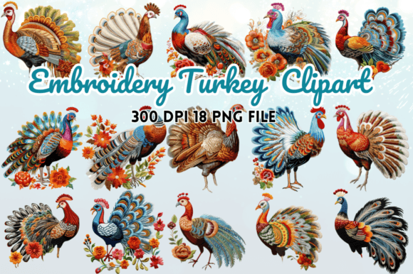 Watercolor Embroidery Turkey Clipart for Holiday Sales